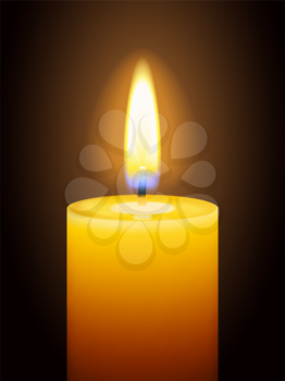 Realistic burning candle with flare isolated on black background. Vector illustration