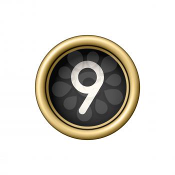 Number 9. Vintage golden typewriter button isolated on white background. Graphic design element for scrapbooking, sticker, web site, symbol, icon. Vector illustration.