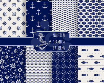 Seamless nautical patterns set. Design elements for wallpaper, baby shower invitation, birthday card, scrapbooking, fabric. Backgrounds with anchors, ship wheels, fish and waves. Vector illustration.
