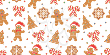Christmas seamless pattern with gingerbread man cookies. Snow flake, Christmas Tree, candy cane. Graphic design element for packaging paper, prints, scrapbooking. Vector illustration