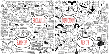 MEGA set of doodles. Super collection of banners, arrows, back to school, romantic love, business and finance, vacation, social media, healthcare and shopping elements. Creative infographic pictograms