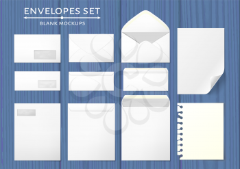 Blank envelopes in 3 views, back and front closed and open. Two paper mock ups, with curled corner and torn side. Photo-realistic vector illustration.