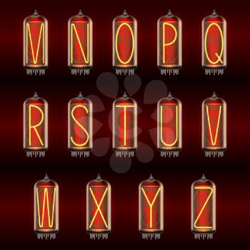 Retro-styled Alphabet set on pixie tube indicator lamps with letters M to Z lit up, includes transparency. Vector illustration.