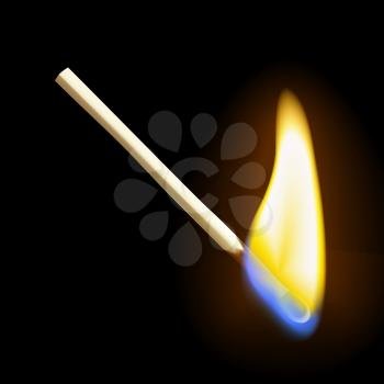 Realistic burning matchstick flame with transparency, isolated on black background. Vector illustration