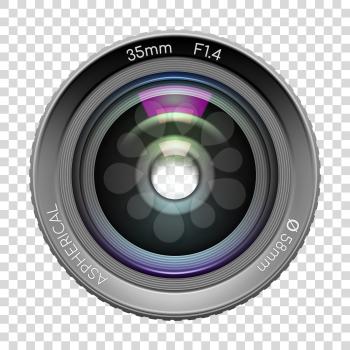 Highly detailed video or photo camera lens 35mm F1,4 close up image, n transparent background. Vector illustration