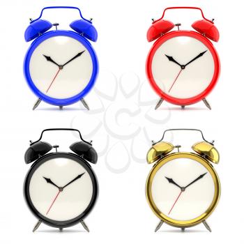 Set of 4 alarm clocks isolated on white background. Vintage style red, blue, black, golden clock. Graphic design element for flyer, poster, sale. Deadline, wake up, happy hour concept. 3D illustration