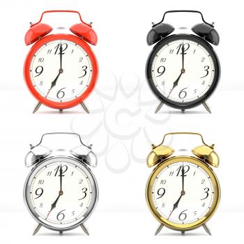 Set of 4 alarm clocks isolated on white background. Vintage style red, black, silver, golden clock. Graphic design element for flyer, poster, sale. 3D illustration