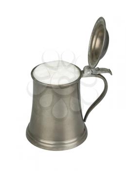 Metallic beer mug with beer isolated on white