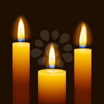 Set of three burning candles with transparency isolated on black background. Vector illustration