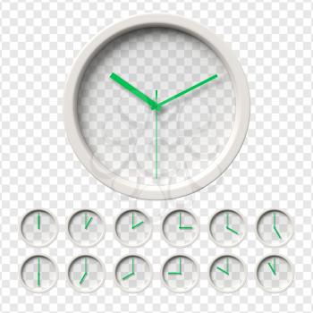Realistic Wall Clocks set. Transparent face. One clock for every hour. Green hands. Ready to apply. Graphic element for documents, templates, posters, flyers. Vector illustration.