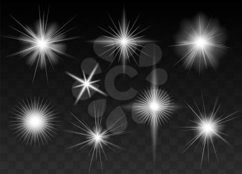 Glowing stars, sparkles, light flashes, shiny glitter set. Black half transparent background. Graphic elements for Christmas and birthday cards and invitations. Adds luxurious feel to your designs.