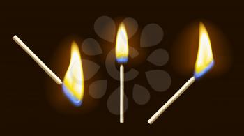 Realistic burning matchstick flame set with transparency, isolated on black background. Vector illustration