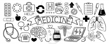 Medical doodles set of icons with science tools, human organs, diagrams etc, hand drawn with thin line. Vector illustration isolated on white background