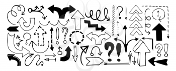 Doodle arrows, exclamation signs and question marks isolated on white background. Vector illustration