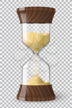 Realistic hourglass clock made of glass, wood and golden metal with yellow sand running down, on transparent background. Vector illustration.