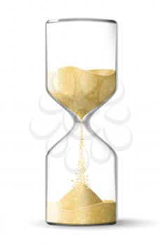 Realistic hourglass clock made of glass with yellow sand running down, isolated on white background. Vector illustration.