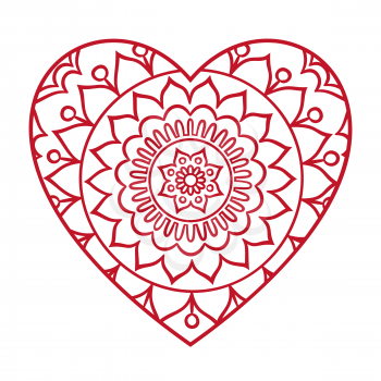 Doodle heart Valentines Day card. Outline floral design element in a heart shape. Coloring book pattern. Decorative round flower. Love, wedding, engagement concept. Vector illustration.