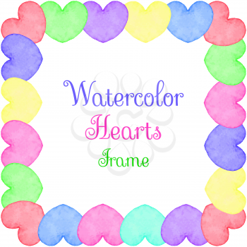 Hand painted water color frame with hearts and text. Cute decorative template. Bright colorful border panels. Great for baby shower invitation, birthday card, scrapbooking etc. Vector illustration.