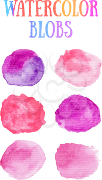 Hand painted watercolor blobs. Pink, violet and red colors. Abstract spring summer season background. Round graphic design element isolated on white. Vector illustration.