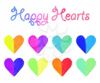 Watercolor hearts. Cute colorful heart shaped graphic design elements for valentines day, birthday cards, baby shower, wedding invitations, scrapbooking etc. Isolated on white. Vector illustration.