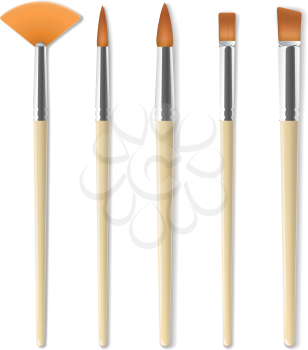 Realistic artist paintbrushes set. Fan, round, flat, angle brush. Watercolor, acrilic or oil brushes with light wooden handle, metal ferrule and sable, synthetic or nylon bristle. Vector illustration