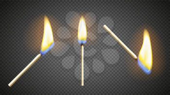 Realistic burning matchstick flame set with transparency. Three different layouts. Vector illustration