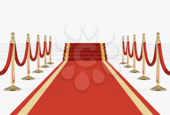Red carpet with stairs, podium, red ropes and golden stanchions. Vector illustration.