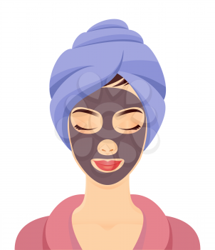 Girl getting spa treatment. Smiling woman wearing a towel and and coal face mask. Vector illustration isolated on white background