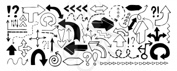 Doodle arrows, exclamation signs and question marks isolated on white background. Vector illustration