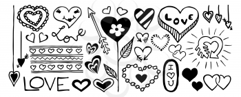Doodle banner with hearts, arrows, bows, presents, flowers. Design elements for Valentine's Day, wedding invitation, baby shower, birthday card etc. Vector illustration isolated on white background