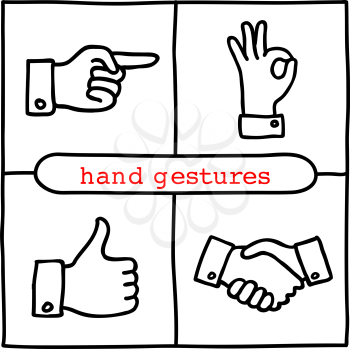 Doodle gestures icons set. Thumbs up, shake hands, ok sign, pointing finger. Hand drawn infographic symbols. Line art style graphic design elements.