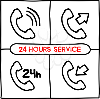 Doodle telephone icons set. Client service, 24 hours awailable concept. Hand drawn infographic symbol. Line art style graphic design elements.