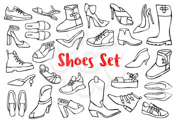 Hand drawn doodle shoes, pumps, boots, sneakers isolated on white background. Vector illustration