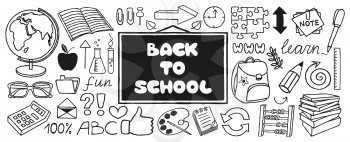 Back to School doodles banner, hand drawn with thin line. Educational icons set with blackboard, school bag, supplies, puzzle, thumb up. Vector Illustration isolated on white background