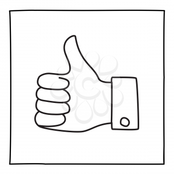 Doodle thumbs up icon or log. Hand drawn gesture symbol. Line art style graphic design element. Success, pacifist, political position concept. Vector illustration