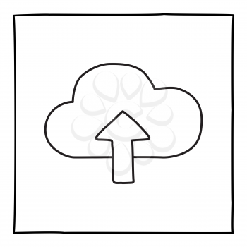 Doodle Cloud Upload icon or logo, hand drawn with thin black line. Graphic design element isolated on white background. Vector illustration