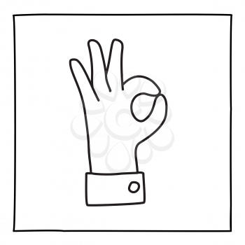 Doodle OK icon. Hand drawn gesture symbol. Line art style graphic design element. Approval, vote, love, favorite gesture concept. Vector illustration