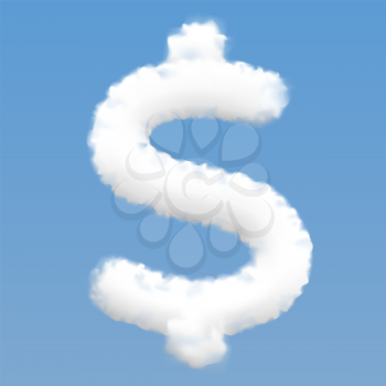 Realistic dollar sign shaped white cloud on blue sky background, vector illustration with transparency