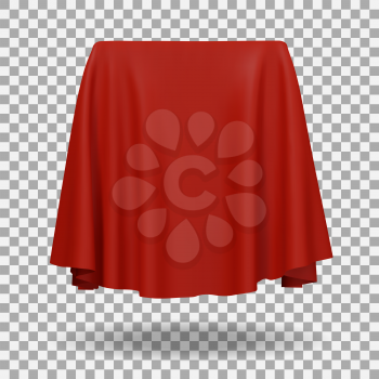 Red fabric covering a cube or rectangular shape,with shadow. Can be used as a stand for product display, draped table. Vector illustraion