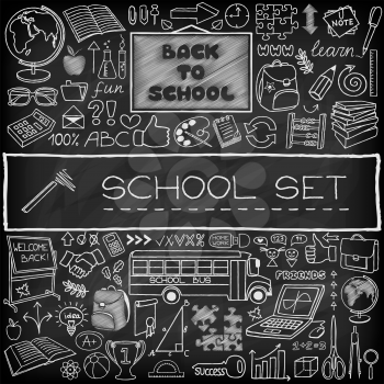 Back to School concept. Doodle graphic design elements. Hand drawn education icons set with blackboard, school bus and supplies, puzzle, thumb up and more. Black chalkboard effect. Vector Illustration