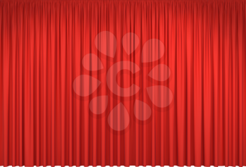Red stage curtains isolated on white background. Realistic closed theatrical cinema drapes for interior performance event on theatrical stage or in concert hall. Vector illustration