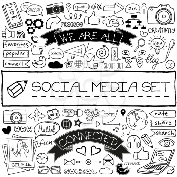 Doodle social media icons set. Networking concept with speech bubbles, mobile phone, tags with captions and other design elements