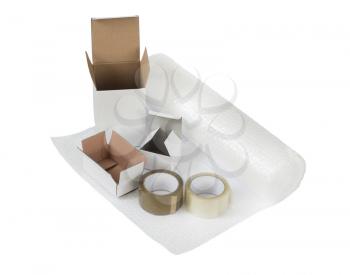 Cardboard boxes set, bubble wrap, cellotape. Packing and shipping concept