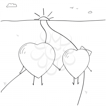 Two loving hearts walking on the road. Sketch vector illustration in doodle style