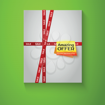 Gift box with red sale tape on green background. Special offer. Vector illustration eps 10.