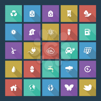 Set of colored ecology icons on square background