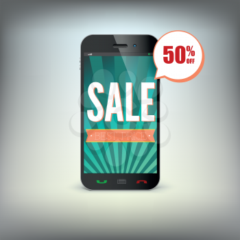 Smartphone with information about discounts on the screen. Marketing concept.