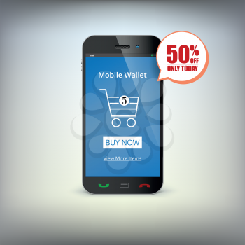 Mobile phone with shopping basket on the screen. Symbol of e-commerce. Shop the mobile
