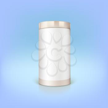 Round tin packaging. Container cylindrical shaped, vector illustration.