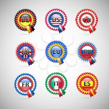 Collection of flag badges different countries. Vector icons